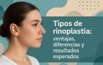 Mujer joven tocando su nariz, con fondo abstracto y mensaje sobre tipos de rinoplastia.