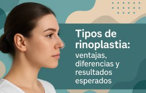 Mujer joven tocando su nariz, con fondo abstracto y mensaje sobre tipos de rinoplastia.